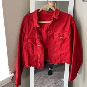 Red cropped jean jacket